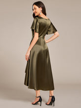 Load image into Gallery viewer, Color=Olive Green | Elegant Ruffles Sleeve Midi Length Satin Wedding Guest Dresses with Asymmetrical Hem-Olive Green 9
