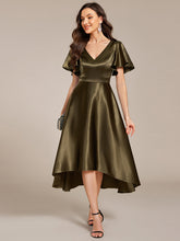 Load image into Gallery viewer, Color=Olive Green | Elegant Ruffles Sleeve Midi Length Satin Wedding Guest Dresses with Asymmetrical Hem-Olive Green 7