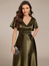 Load image into Gallery viewer, Color=Olive Green | Elegant Ruffles Sleeve Midi Length Satin Wedding Guest Dresses with Asymmetrical Hem-Olive Green 10