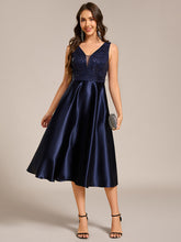 Load image into Gallery viewer, Color=Navy Blue | Strapless A-Line Midi Dress with Deep V-Neck Wedding Guest Dress-Navy Blue 4