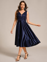 Load image into Gallery viewer, Color=Navy Blue | Strapless A-Line Midi Dress with Deep V-Neck Wedding Guest Dress-Navy Blue 5