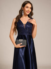 Load image into Gallery viewer, Color=Navy Blue | Strapless A-Line Midi Dress with Deep V-Neck Wedding Guest Dress-Navy Blue 3