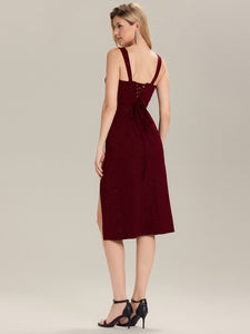 Color=Burgundy | Industrial Use Strapless High Stretch Bodycon Midi Dress with Thigh-High Slit | Wedding Guest Dresses-Burgundy 2