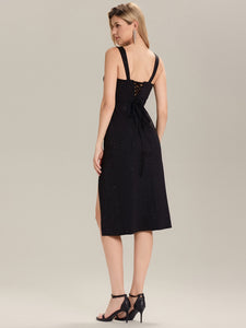 Color=Black | Industrial Use Strapless High Stretch Bodycon Midi Dress with Thigh-High Slit | Wedding Guest Dresses-Black 7