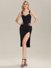 Load image into Gallery viewer, Color=Black | Industrial Use Strapless High Stretch Bodycon Midi Dress with Thigh-High Slit | Wedding Guest Dresses-Black 10