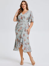 Load image into Gallery viewer, Color=Amber Bloom | Wholesale Pricing Plus Size Short Sleeve Ruffle V-Neck Fishtail High-Low Wedding Guest Dresses-Amber Bloom 4