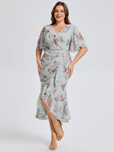 Load image into Gallery viewer, Color=Amber Bloom | Wholesale Pricing Plus Size Short Sleeve Ruffle V-Neck Fishtail High-Low Wedding Guest Dresses-Amber Bloom 5