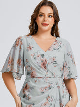 Load image into Gallery viewer, Color=Amber Bloom | Wholesale Pricing Plus Size Short Sleeve Ruffle V-Neck Fishtail High-Low Wedding Guest Dresses-Amber Bloom 3