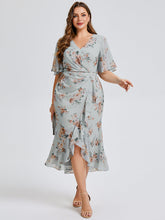 Load image into Gallery viewer, Color=Amber Bloom | Wholesale Pricing Plus Size Short Sleeve Ruffle V-Neck Fishtail High-Low Wedding Guest Dresses-Amber Bloom 1