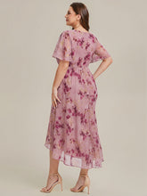 Load image into Gallery viewer, Color=Light Purple Print | Wholesale Pricing Plus Size Short Sleeve Ruffle V-Neck Fishtail High-Low Wedding Guest Dresses-Light Purple Print 7
