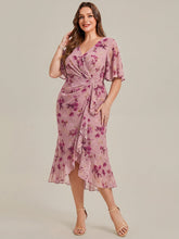 Load image into Gallery viewer, Color=Light Purple Print | Wholesale Pricing Plus Size Short Sleeve Ruffle V-Neck Fishtail High-Low Wedding Guest Dresses-Light Purple Print 9