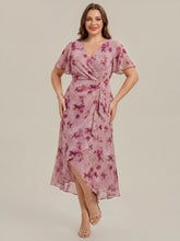 Load image into Gallery viewer, Color=Light Purple Print | Wholesale Pricing Plus Size Short Sleeve Ruffle V-Neck Fishtail High-Low Wedding Guest Dresses-Light Purple Print 10