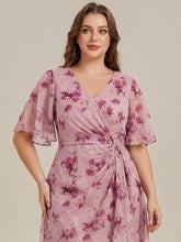 Load image into Gallery viewer, Color=Light Purple Print | Wholesale Pricing Plus Size Short Sleeve Ruffle V-Neck Fishtail High-Low Wedding Guest Dresses-Light Purple Print 8