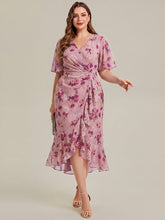 Load image into Gallery viewer, Color=Light Purple Print | Wholesale Pricing Plus Size Short Sleeve Ruffle V-Neck Fishtail High-Low Wedding Guest Dresses-Light Purple Print 6