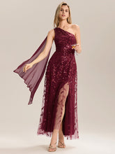 Load image into Gallery viewer, Color=Burgundy | B2B-Exclusive One Shoulder Sleeveless Sequin A-Line Maxi Wedding Guest Dress-Burgundy 4