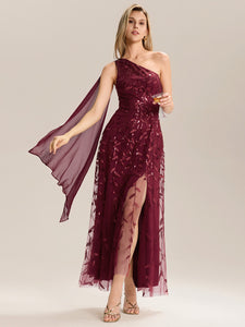 Color=Burgundy | B2B-Exclusive One Shoulder Sleeveless Sequin A-Line Maxi Wedding Guest Dress-Burgundy 4