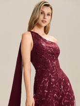 Load image into Gallery viewer, Color=Burgundy | B2B-Exclusive One Shoulder Sleeveless Sequin A-Line Maxi Wedding Guest Dress-Burgundy 3