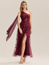Load image into Gallery viewer, Color=Burgundy | B2B-Exclusive One Shoulder Sleeveless Sequin A-Line Maxi Wedding Guest Dress-Burgundy 1