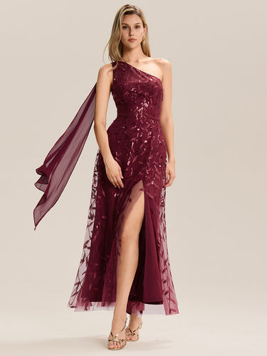 Color=Burgundy | B2B-Exclusive One Shoulder Sleeveless Sequin A-Line Maxi Wedding Guest Dress-Burgundy 1