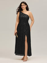 Load image into Gallery viewer, Color=Black | B2B-Exclusive One Shoulder Sleeveless Sequin A-Line Maxi Wedding Guest Dress-Black 11