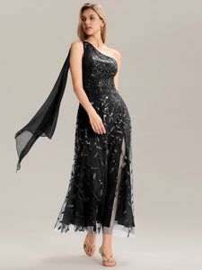 Color=Black | B2B-Exclusive One Shoulder Sleeveless Sequin A-Line Maxi Wedding Guest Dress-Black 9