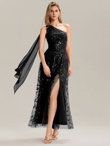 Color=Black | B2B-Exclusive One Shoulder Sleeveless Sequin A-Line Maxi Wedding Guest Dress-Black 6