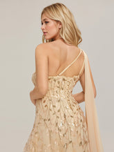 Load image into Gallery viewer, Color=Gold | B2B-Exclusive One Shoulder Sleeveless Sequin A-Line Maxi Wedding Guest Dress-Gold 16
