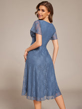 Load image into Gallery viewer, Color=Dusty Blue | Short Sleeve Ruffled V-Neck A-Line Midi Wedding Guest Dress-Dusty Blue 2