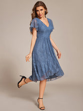 Load image into Gallery viewer, Color=Dusty Blue | Short Sleeve Ruffled V-Neck A-Line Midi Wedding Guest Dress-Dusty Blue 4