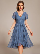 Load image into Gallery viewer, Color=Dusty Blue | Short Sleeve Ruffled V-Neck A-Line Midi Wedding Guest Dress-Dusty Blue 3