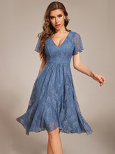 Load image into Gallery viewer, Color=Dusty Blue | Short Sleeve Ruffled V-Neck A-Line Midi Wedding Guest Dress-Dusty Blue 1