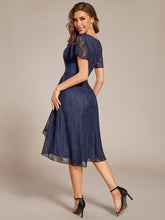 Load image into Gallery viewer, Color=Navy Blue | Short Sleeve Ruffled V-Neck A-Line Midi Wedding Guest Dress-Navy Blue 7