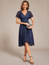 Load image into Gallery viewer, Color=Navy Blue | Short Sleeve Ruffled V-Neck A-Line Midi Wedding Guest Dress-Navy Blue 9