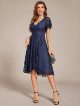 Load image into Gallery viewer, Color=Navy Blue | Short Sleeve Ruffled V-Neck A-Line Midi Wedding Guest Dress-Navy Blue 10