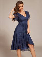Load image into Gallery viewer, Color=Navy Blue | Short Sleeve Ruffled V-Neck A-Line Midi Wedding Guest Dress-Navy Blue 8