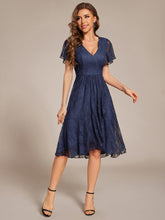 Load image into Gallery viewer, Color=Navy Blue | Short Sleeve Ruffled V-Neck A-Line Midi Wedding Guest Dress-Navy Blue 6