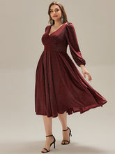 Load image into Gallery viewer, Color=Burgundy | Fast Delivery Long Sleeve V-Neck Gathered A-Line Midi Wedding Guest Dresses-Burgundy 9
