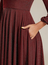 Load image into Gallery viewer, Color=Burgundy | Fast Delivery Long Sleeve V-Neck Gathered A-Line Midi Wedding Guest Dresses-Burgundy 8
