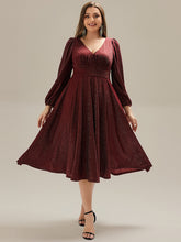 Load image into Gallery viewer, Color=Burgundy | Fast Delivery Long Sleeve V-Neck Gathered A-Line Midi Wedding Guest Dresses-Burgundy 6