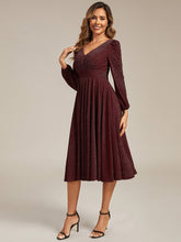 Load image into Gallery viewer, Color=Burgundy | Fast Delivery Long Sleeve V-Neck Gathered A-Line Midi Wedding Guest Dresses-Burgundy 4