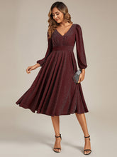 Load image into Gallery viewer, Color=Burgundy | Fast Delivery Long Sleeve V-Neck Gathered A-Line Midi Wedding Guest Dresses-Burgundy 5