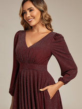 Load image into Gallery viewer, Color=Burgundy | Fast Delivery Long Sleeve V-Neck Gathered A-Line Midi Wedding Guest Dresses-Burgundy 3