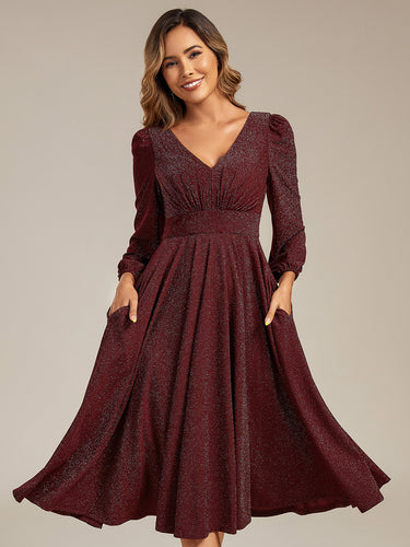 Color=Burgundy | Fast Delivery Long Sleeve V-Neck Gathered A-Line Midi Wedding Guest Dresses-Burgundy 1