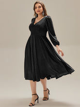 Load image into Gallery viewer, Color=Black | Fast Delivery Long Sleeve V-Neck Gathered A-Line Midi Wedding Guest Dresses-Black 19