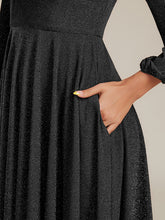 Load image into Gallery viewer, Color=Black | Fast Delivery Long Sleeve V-Neck Gathered A-Line Midi Wedding Guest Dresses-Black 18