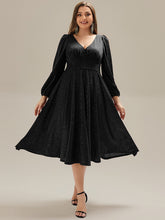 Load image into Gallery viewer, Color=Black | Fast Delivery Long Sleeve V-Neck Gathered A-Line Midi Wedding Guest Dresses-Black 16