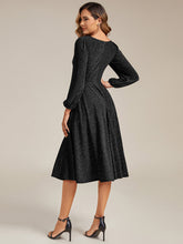 Load image into Gallery viewer, Color=Black | Fast Delivery Long Sleeve V-Neck Gathered A-Line Midi Wedding Guest Dresses-Black 12