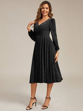 Load image into Gallery viewer, Color=Black | Fast Delivery Long Sleeve V-Neck Gathered A-Line Midi Wedding Guest Dresses-Black 14