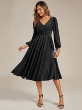 Load image into Gallery viewer, Color=Black | Fast Delivery Long Sleeve V-Neck Gathered A-Line Midi Wedding Guest Dresses-Black 15