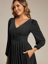 Load image into Gallery viewer, Color=Black | Fast Delivery Long Sleeve V-Neck Gathered A-Line Midi Wedding Guest Dresses-Black 13